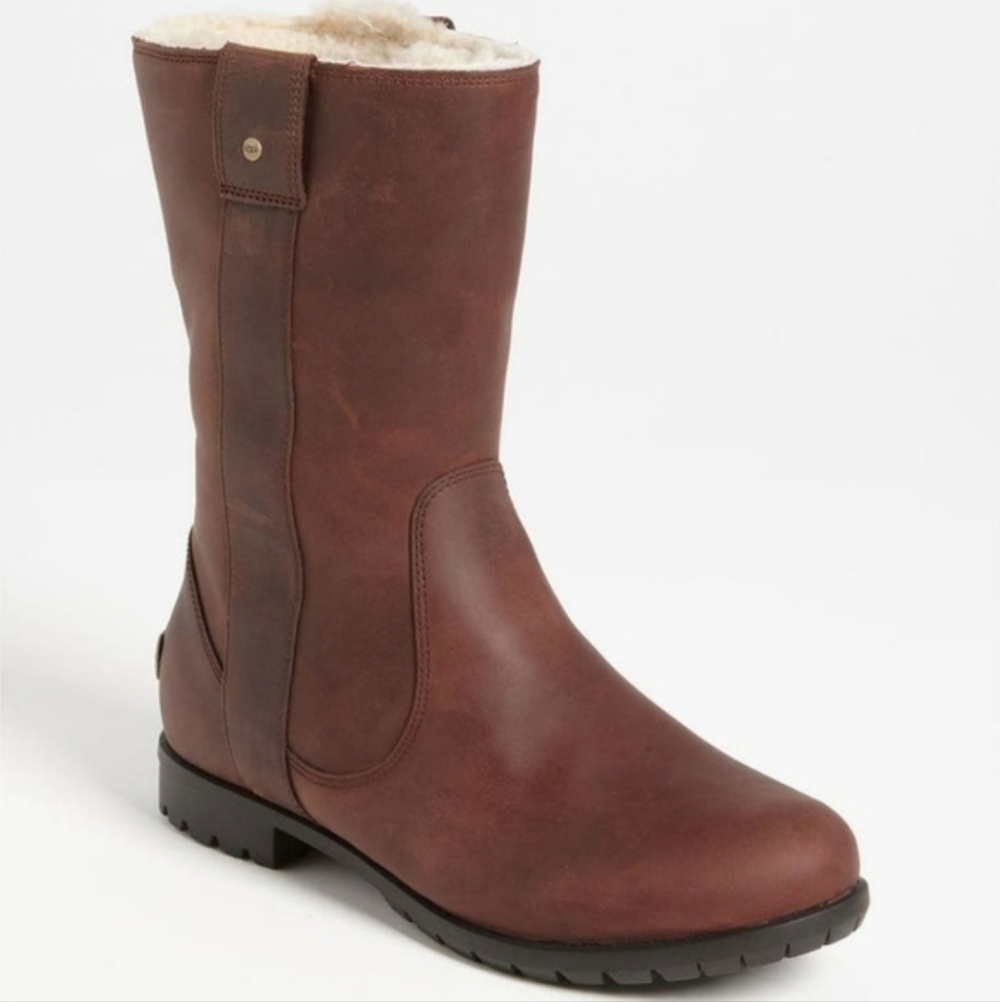 UGG Australia 'Burroughs' Waterproof Leather Boot Sherpa Brown Women's Size 6.5